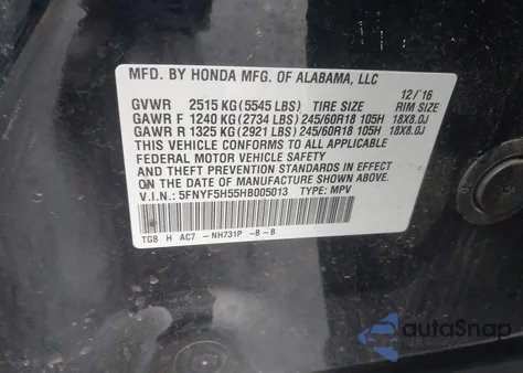 2017 Honda Pilot Ex-L z USA, uszkodzony, nr VIN 5FNYF5H55HB005013